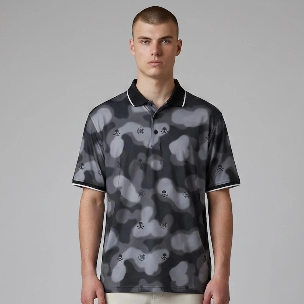 G/FORE Blur Icon Camo Golf Polo Shirt Mens XL Onyx Black Skull Crossbones Pique - Picture 1 of 8